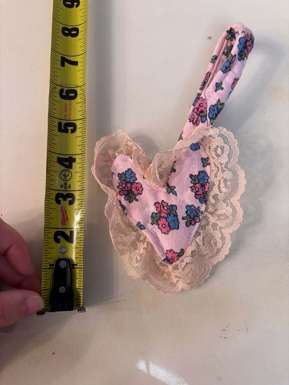 Handmade Floral Fabric Heart bag charm Ornament with Lace Trim - Picture 3 of 3